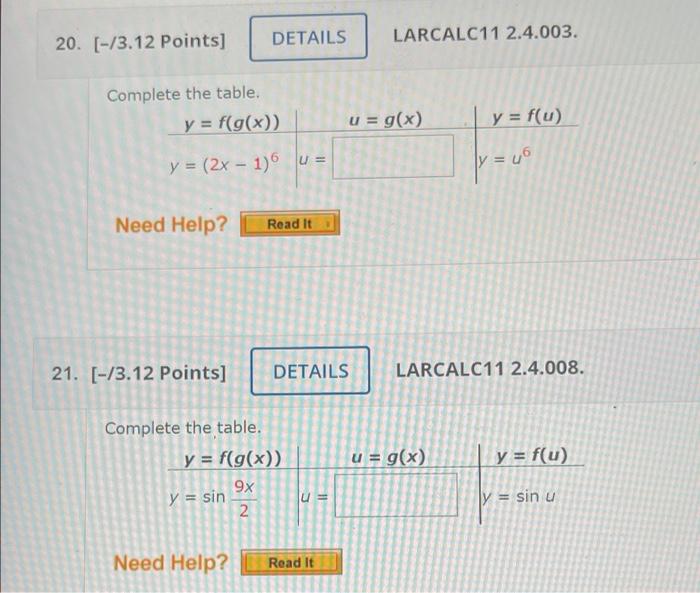 20. [-/3.12 Points] Complete the table. y = f(g(x)) y = (2x - 1)6u = Need Help? Read It 21. [-/3.12 Points] DETAILS Complete