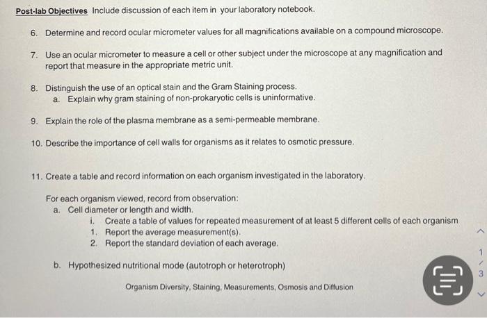 Post-lab Objectives Include discussion of each item | Chegg.com