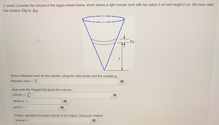Solved (1 point) Consider the volume of the region shown | Chegg.com