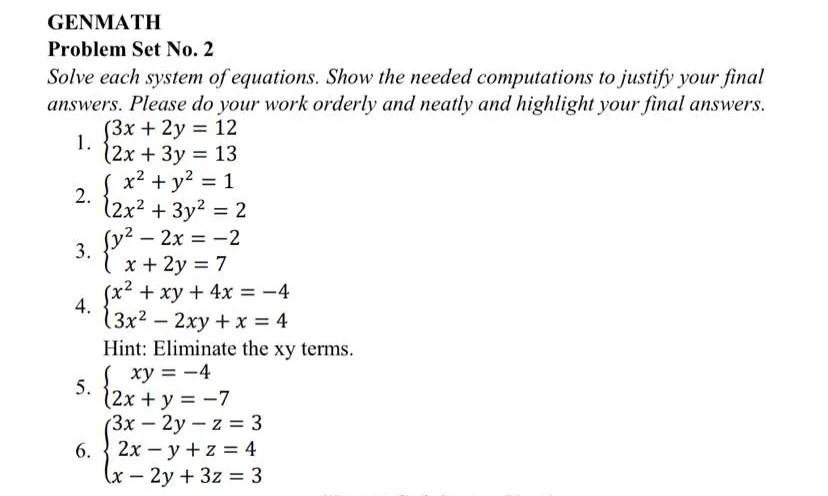 Solved GENMATH Problem Set No. 2 Solve each system of | Chegg.com