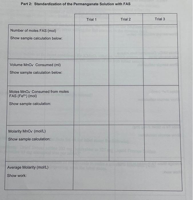 Part 2: Standardization of the Permanganate Solution with FAS
Number of moles FAS (mol)
Show sample calculation below:
Volume