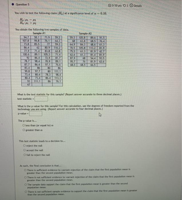 Solved Question 5 B0/30 pts 3 Details You wish to test the | Chegg.com