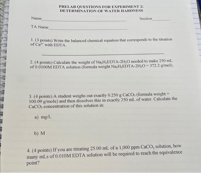 Solved Prelab Questions For Experiment 2 Determination Of Chegg Com