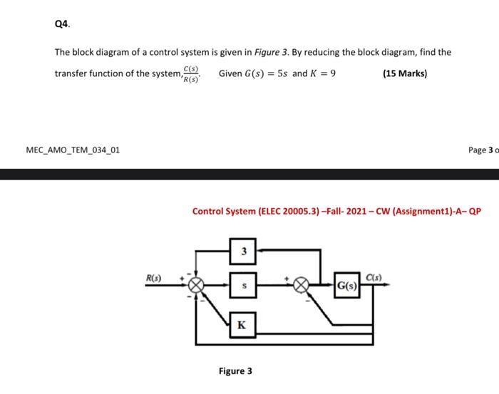 Solved Q4. The block diagram of a control system is given in | Chegg.com