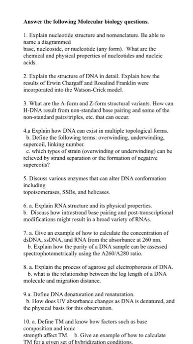 [Solved]: Answer The Following Molecular Biology Questions.