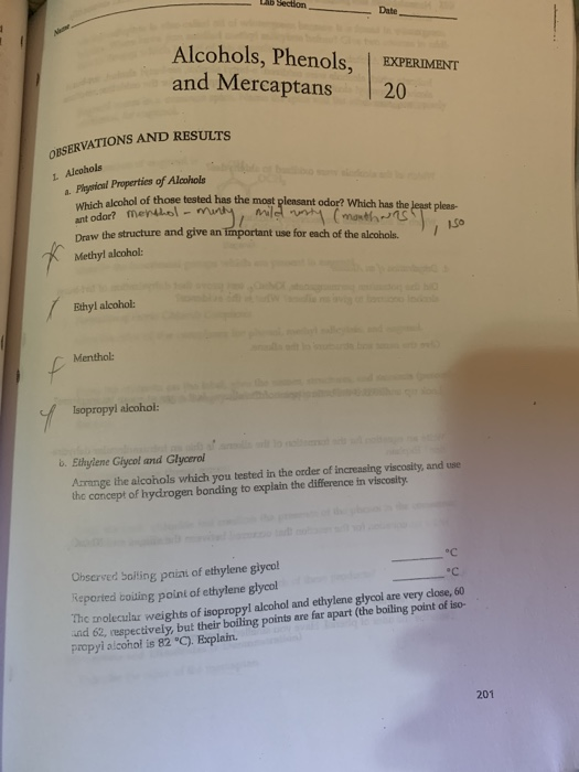 Solved Lab Section Alcohols, Phenols, and Mercaptans