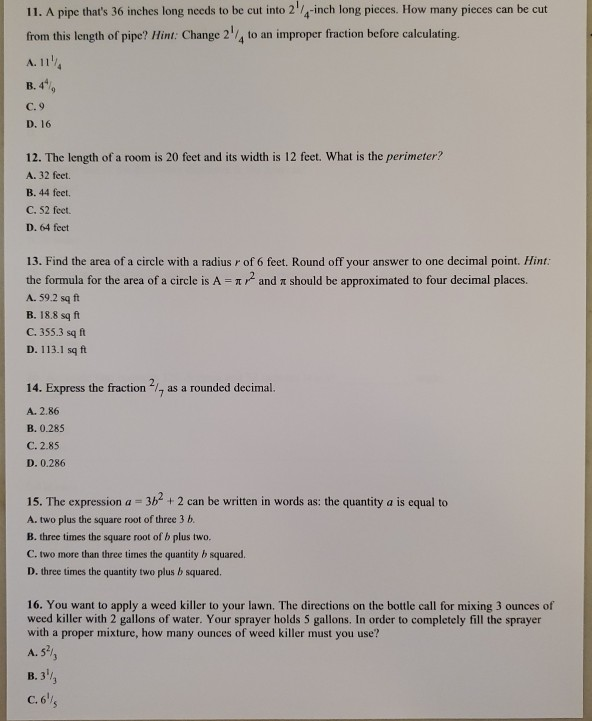 Trades Math Test Solved exam: 086097RR - Math for the Trades When you have | Chegg.com