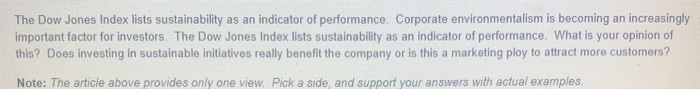 Solved: The Dow Jones Index Lists Sustainability As An Ind... | Chegg.com