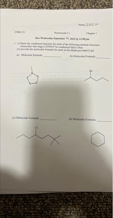 1. (i) Draw the condensed structure for each of the following skeletal strictures (remember that rings CANNOT be cendensed fa