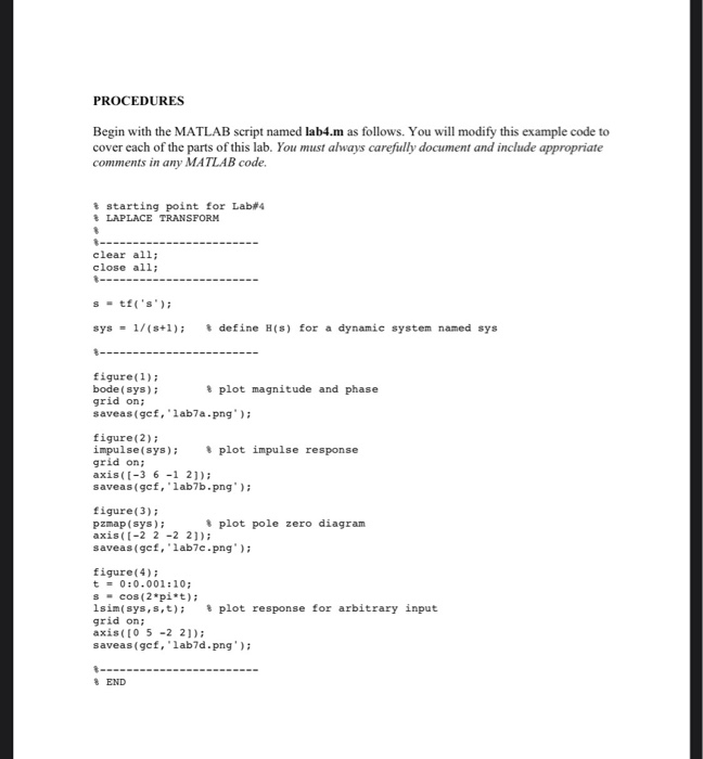 Solved PROCEDURES Begin with the MATLAB script named lab4.m | Chegg.com