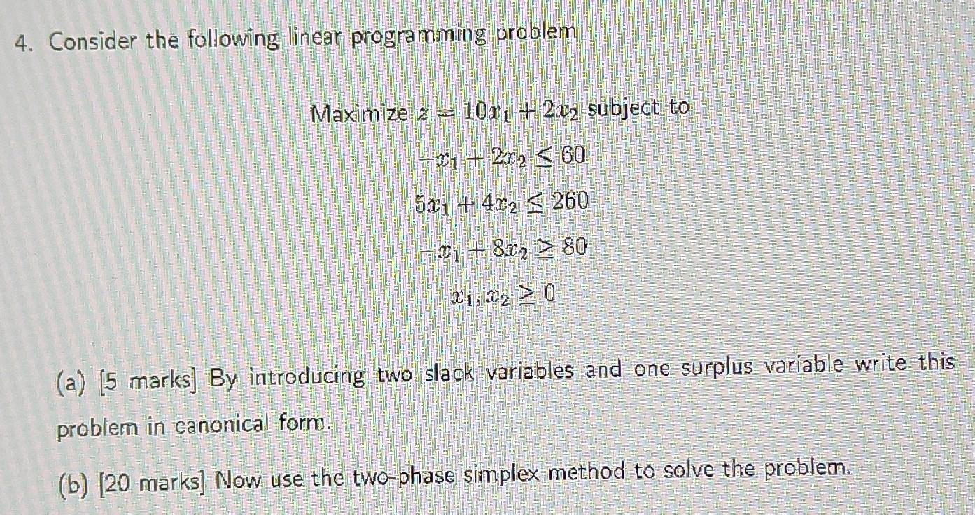 Solved 4. Consider the following linear programming problem | Chegg.com