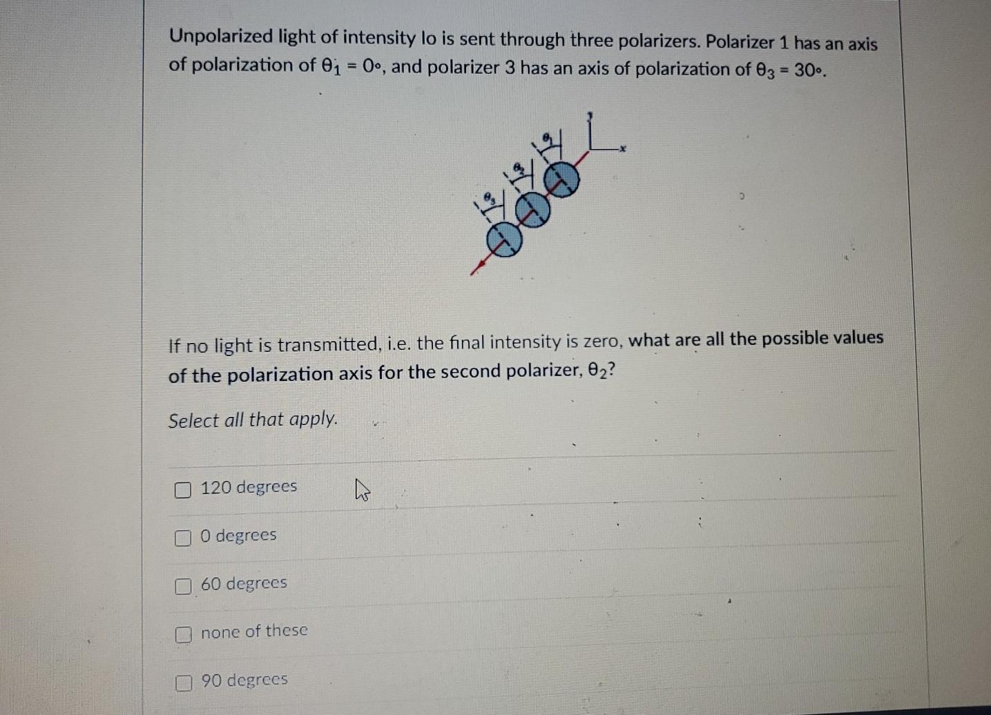 Solved Unpolarized light of intensity lo is sent through | Chegg.com