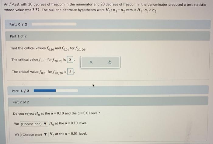 Solved An F-test with 20 degrees of freedom in the numerator | Chegg.com