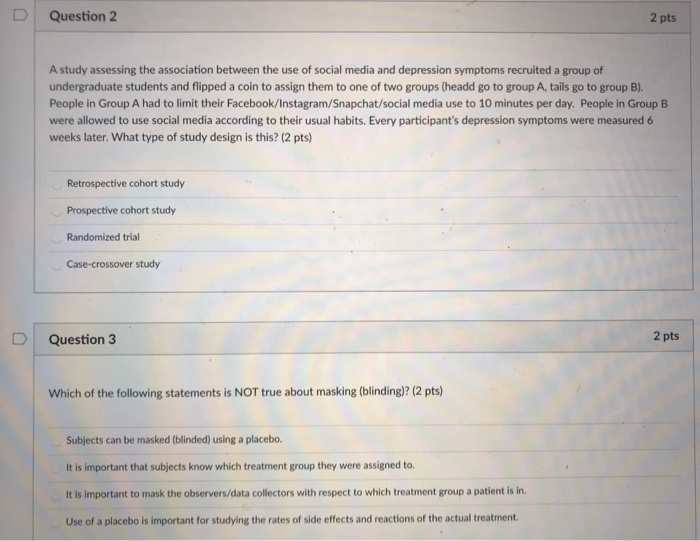 Solved Question 2 2 pts A study assessing the association | Chegg.com
