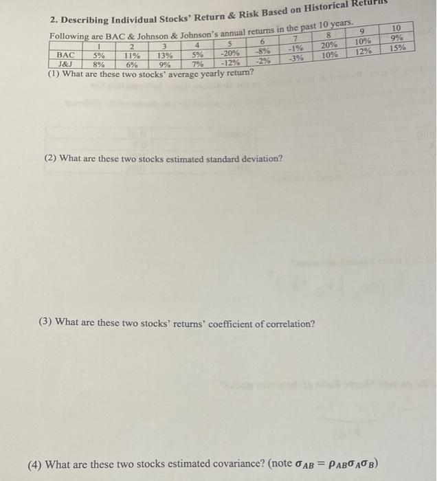 Solved 2. Describing Individual Stocks' Return \& Risk Based | Chegg.com