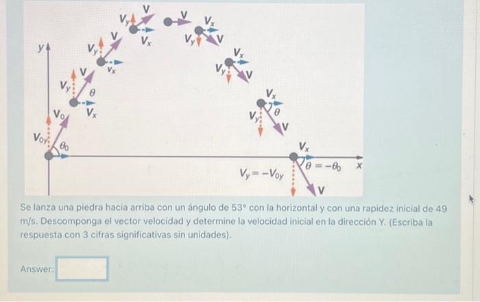 Se lanza una piedra hacia arriba con un ángulo de \( 53^{\circ} \) con la horizontal y con una rapidez inicial de 49 \( \math