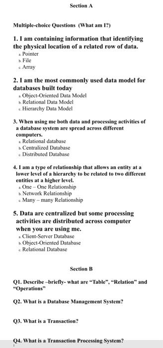 Solved Section A Multiple choice Questions What am I 1. I