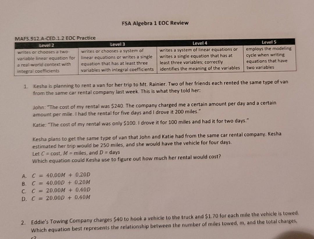 Solved FSA Algebra 1 EOC Review MAFS.912.ACED.1.2 EOC