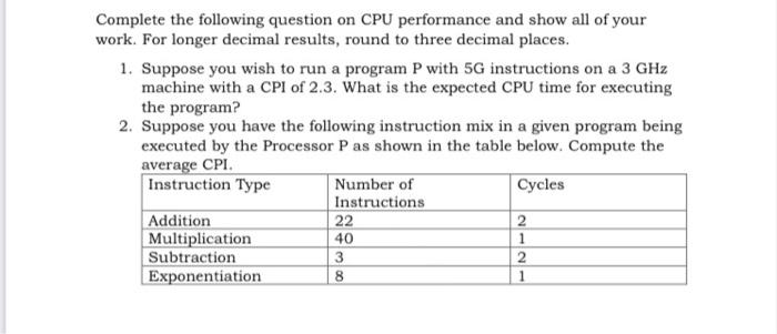 Solved Complete the following question on CPU performance | Chegg.com