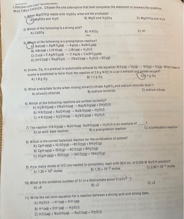 Solved CHM2045-HW-Cho7 Stoichiometry MULTIPLE CHOICE. Choose | Chegg.com