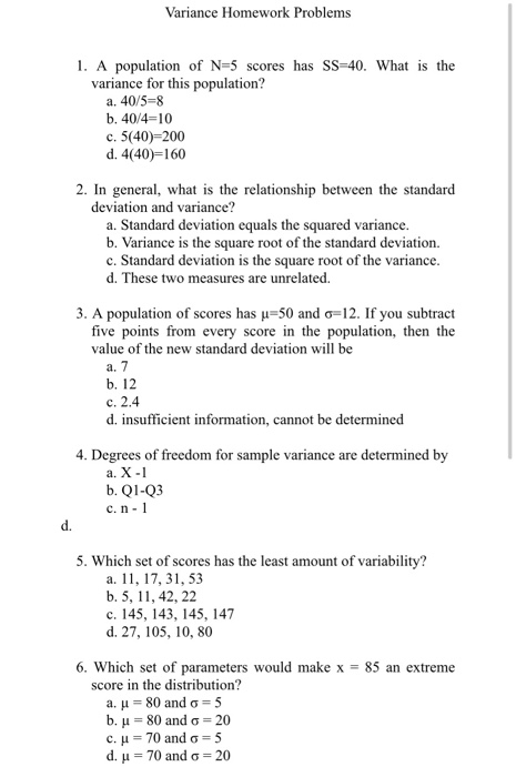 Solved Variance Homework Problems 1 A Population Of N 5 Chegg Com