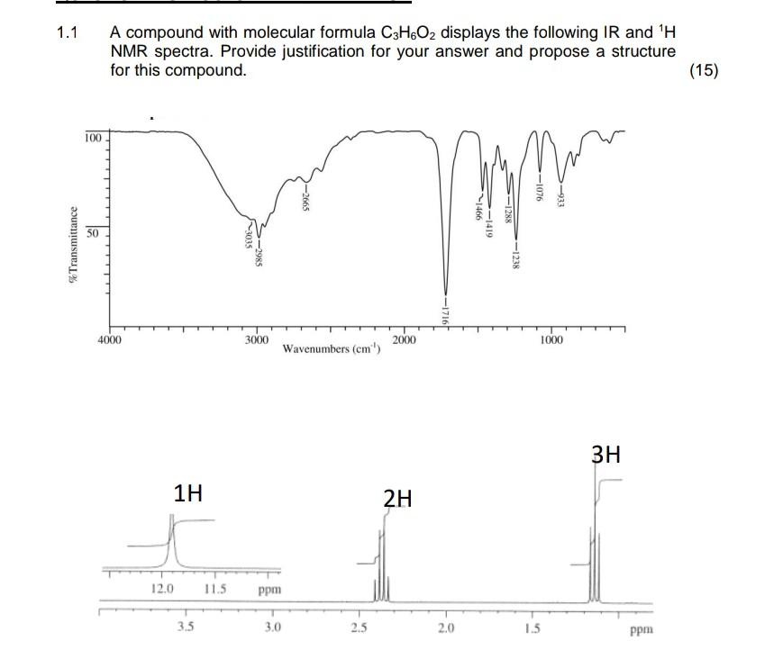 Solved 1.1 A compound with molecular formula C3H6O2 displays | Chegg.com