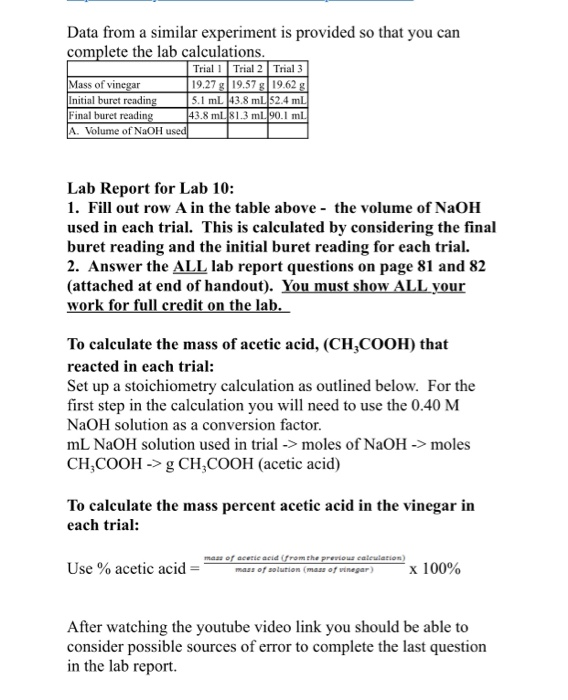 Solved TITRATION OF VINEGAR LAB REPORT SHOW ALL WORK (ATTACH