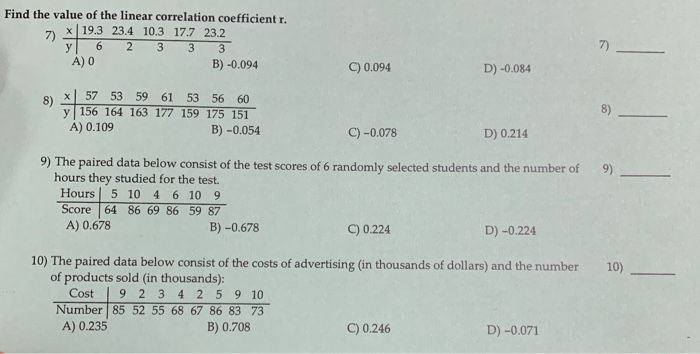 Solved Find the value of the linear correlation coefficient | Chegg.com
