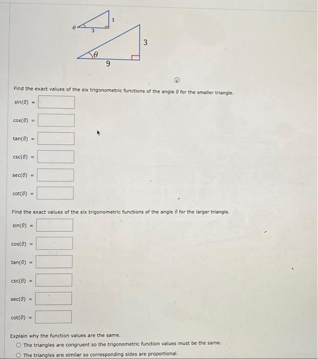 Solved sin(θ)=cos(θ)=tan(θ)=csc(θ)=sec(θ)=cot(θ)= Find the | Chegg.com