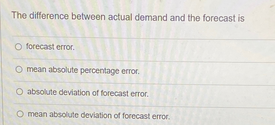 Solved The difference between actual demand and the forecast | Chegg.com