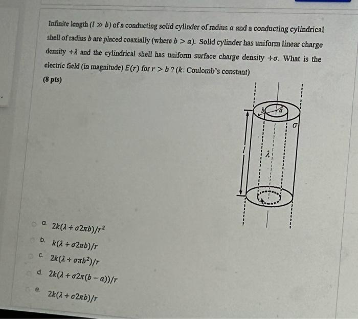 Infinite leagth \( (l \gg b) \) of a conducting solid cylinder of mdius \( a \) and a conducting cylindrical shell of radias