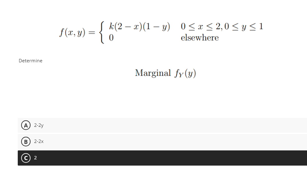 \[ f(x, y)=\left\{\begin{array}{ll} k(2-x)(1-y) & 0 \leq x \leq 2,0 \leq y \leq 1 \\ 0 & \text { elsewhere } \end{array}\righ