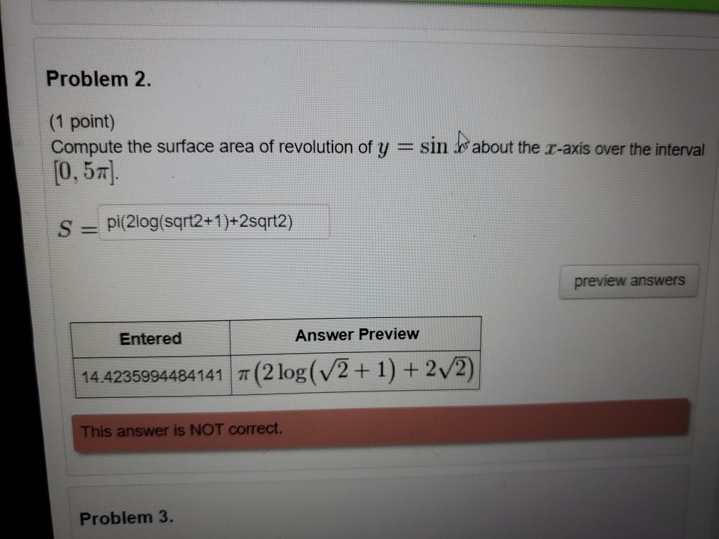 Solved Problem 2. (1 Point) Compute The Surface Area Of | Chegg.com