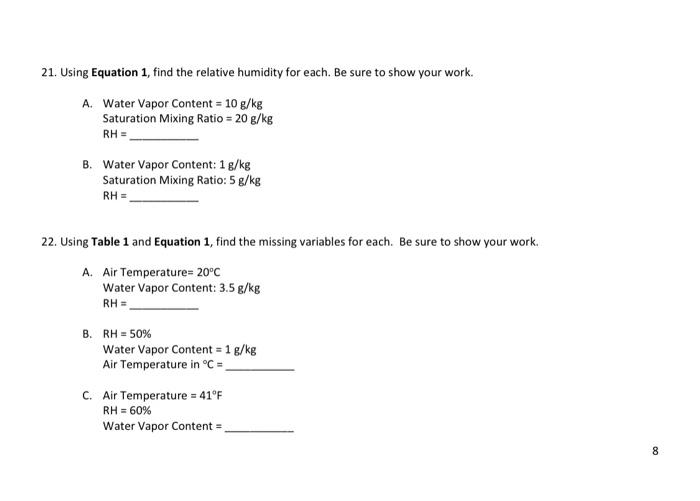 Solved 21. Using Equation 1, find the relative humidity for | Chegg.com