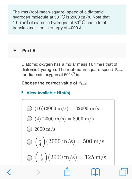 Solved The Rms (rootmeansquare) Speed Of A Diatomic Hyd