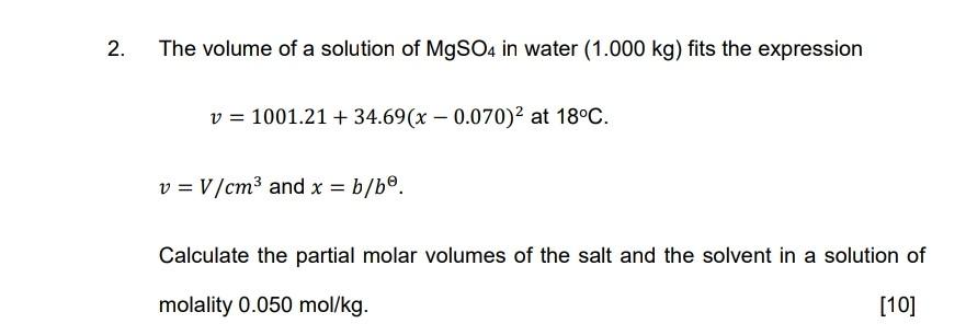 Solved 2. The volume of a solution of MgSO4 in water (1.000 | Chegg.com