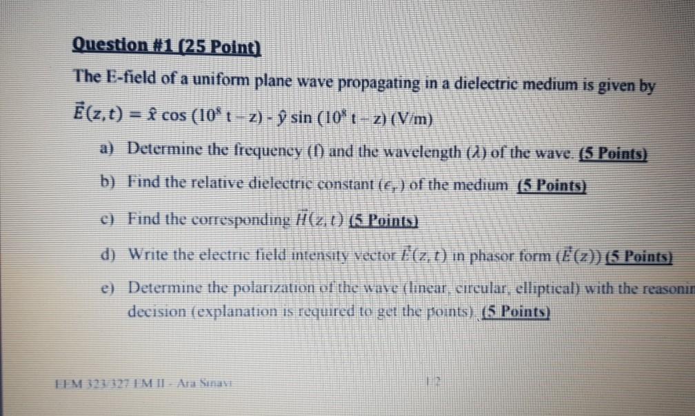 Solved Question 1 25 Point The E Field Of A Uniform Pl Chegg Com