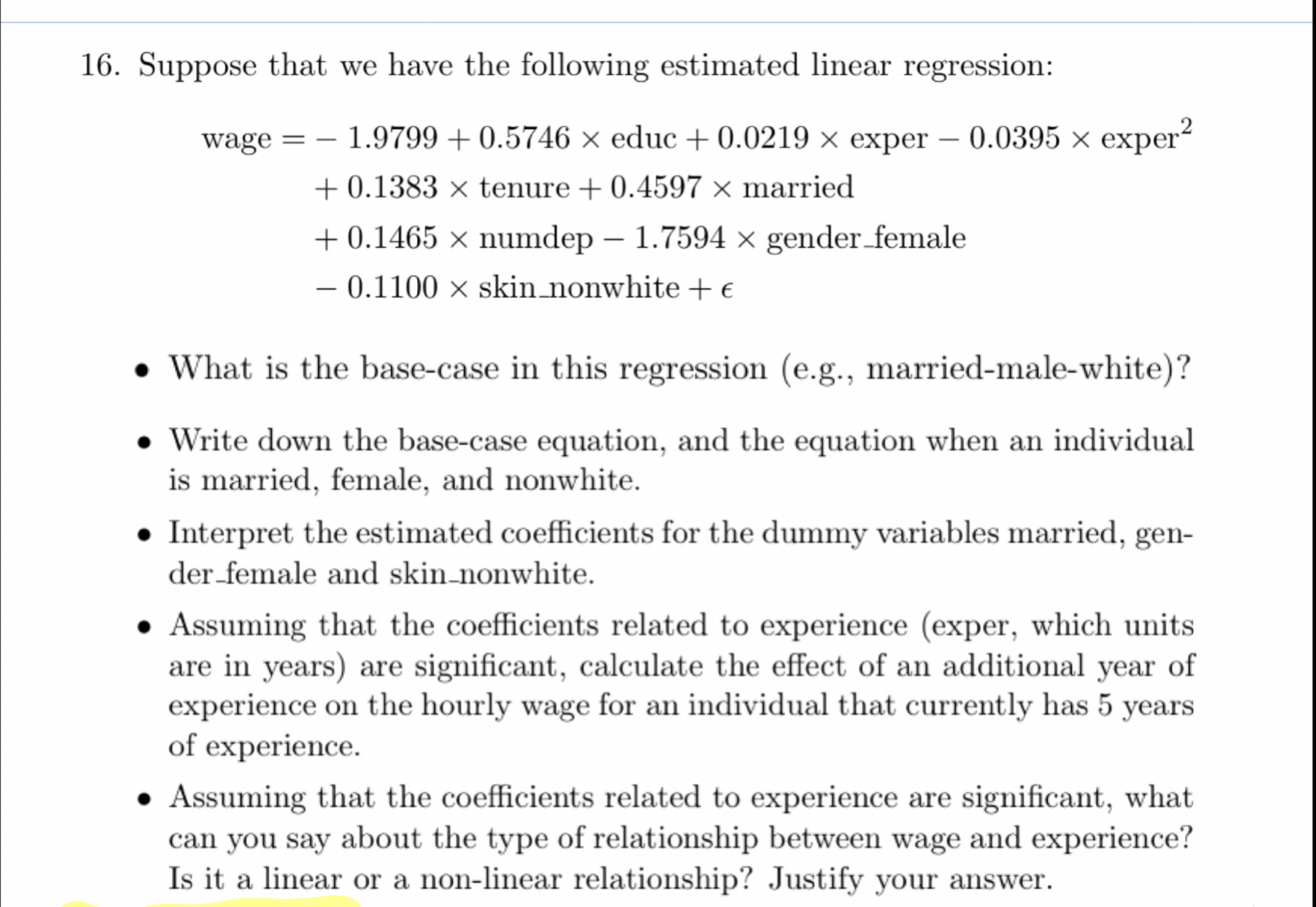 Solved Suppose that we have the following estimated linear | Chegg.com