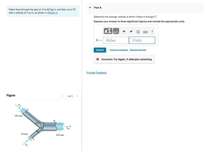 Solved Water flows through the pipe at A at 60 kg/s, and | Chegg.com