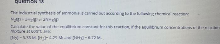 Solved QUESTION 18 The industrial synthesis of ammonia is | Chegg.com
