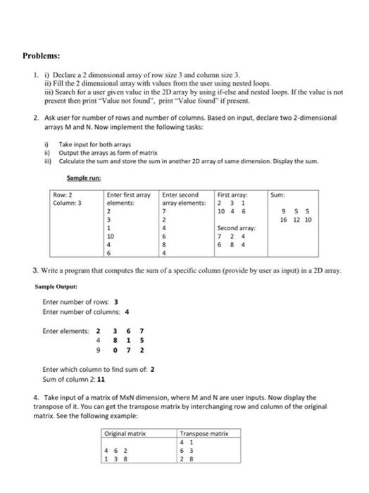 Solved Problems 1. Declare a 2 dimensional array of row Chegg