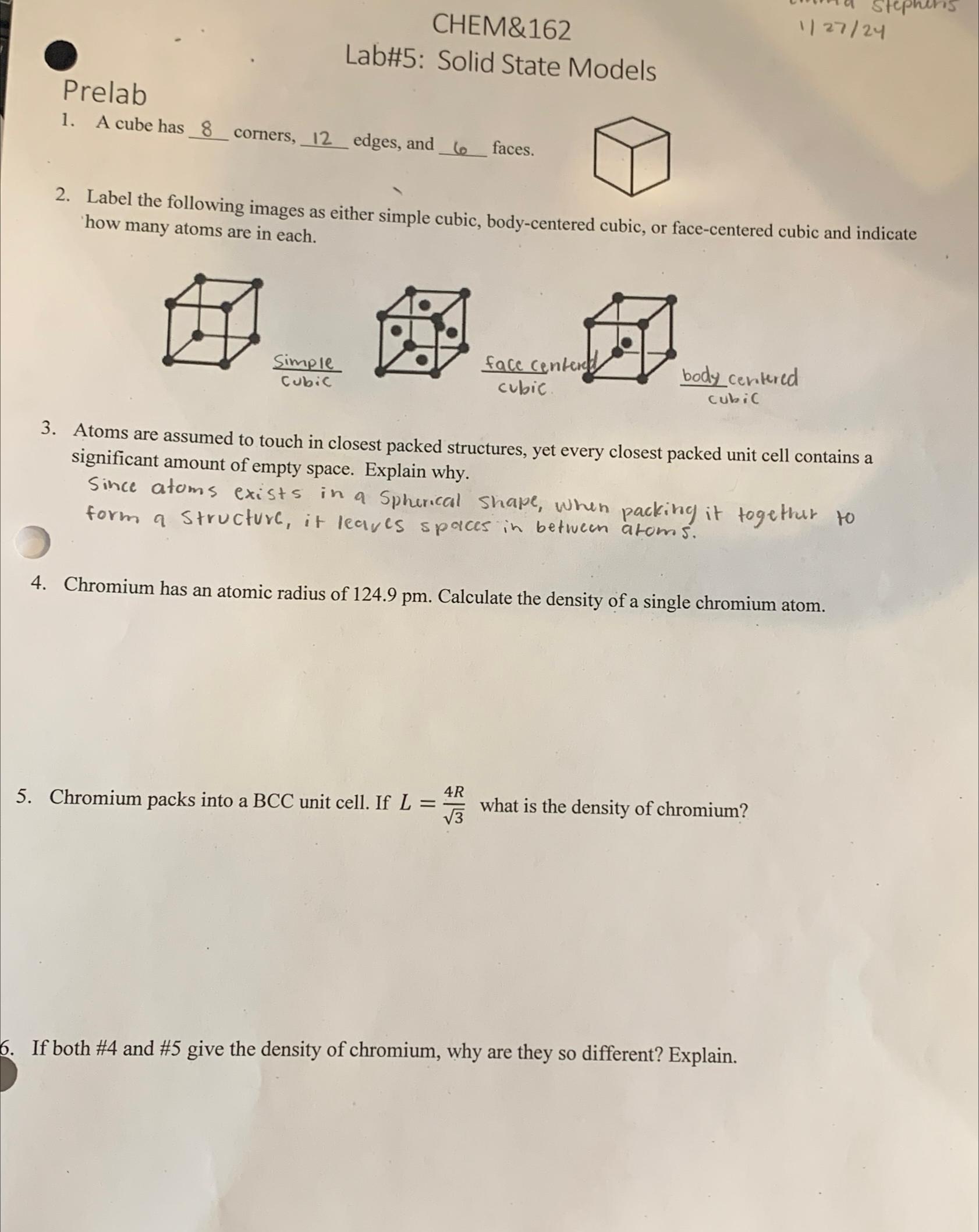 Solved CHEM&162127?24Lab#5: Solid State ModelsPrelabA cube | Chegg.com