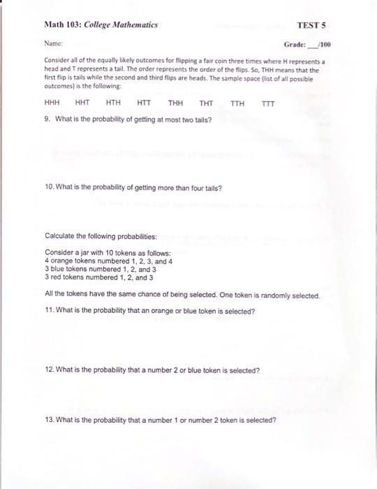 Solved Math 103: College Mathematics TEST 5 Name Grade:_1100 | Chegg.com