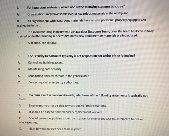 Solved A 7. For hazardous materials, which one of the | Chegg.com