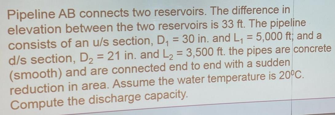 Solved = = Pipeline AB Connects Two Reservoirs. The | Chegg.com