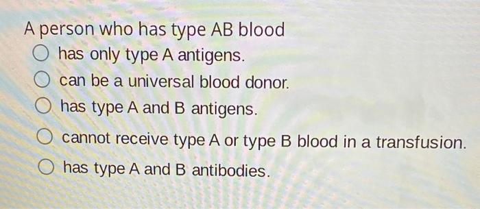 Solved A person who has type AB blood O has only type A | Chegg.com