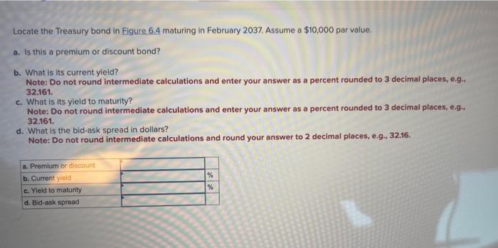 Locate the Treasury bond in Figure \( 6.4 \) maturing in February 2037. Assume a \( \$ 10,000 \) par value.
a. Is this a prem