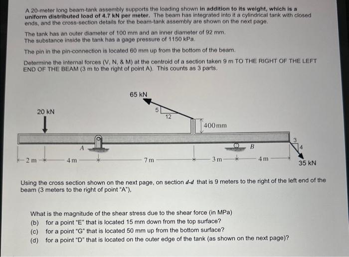 Solved A 20-meter long beam-tank assembly supports the | Chegg.com
