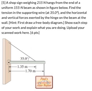Solved [5] A shop sign weighing 215 N hangs from the end of