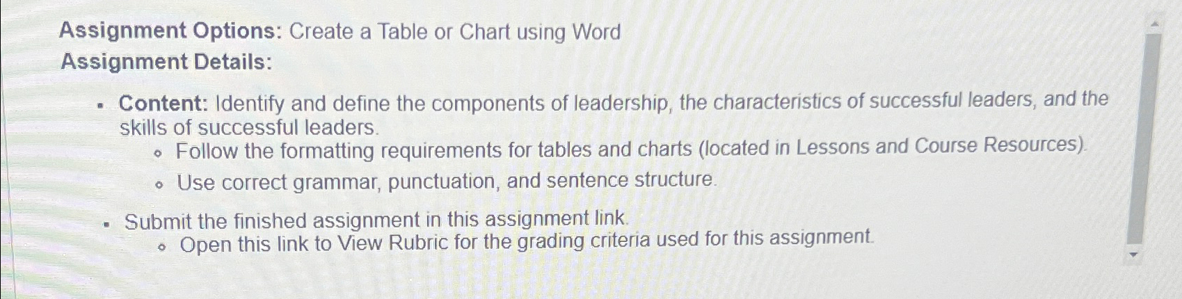 Assignment Options: Create a Table or Chart using | Chegg.com
